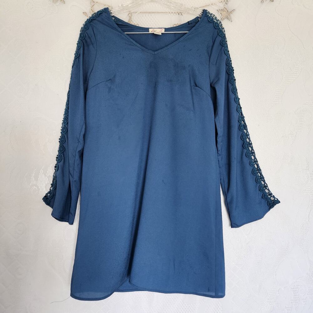 L8ter Teal Small Lightweight Tunic Top Dress Crochet Open Knit Sleeves Boho Chic